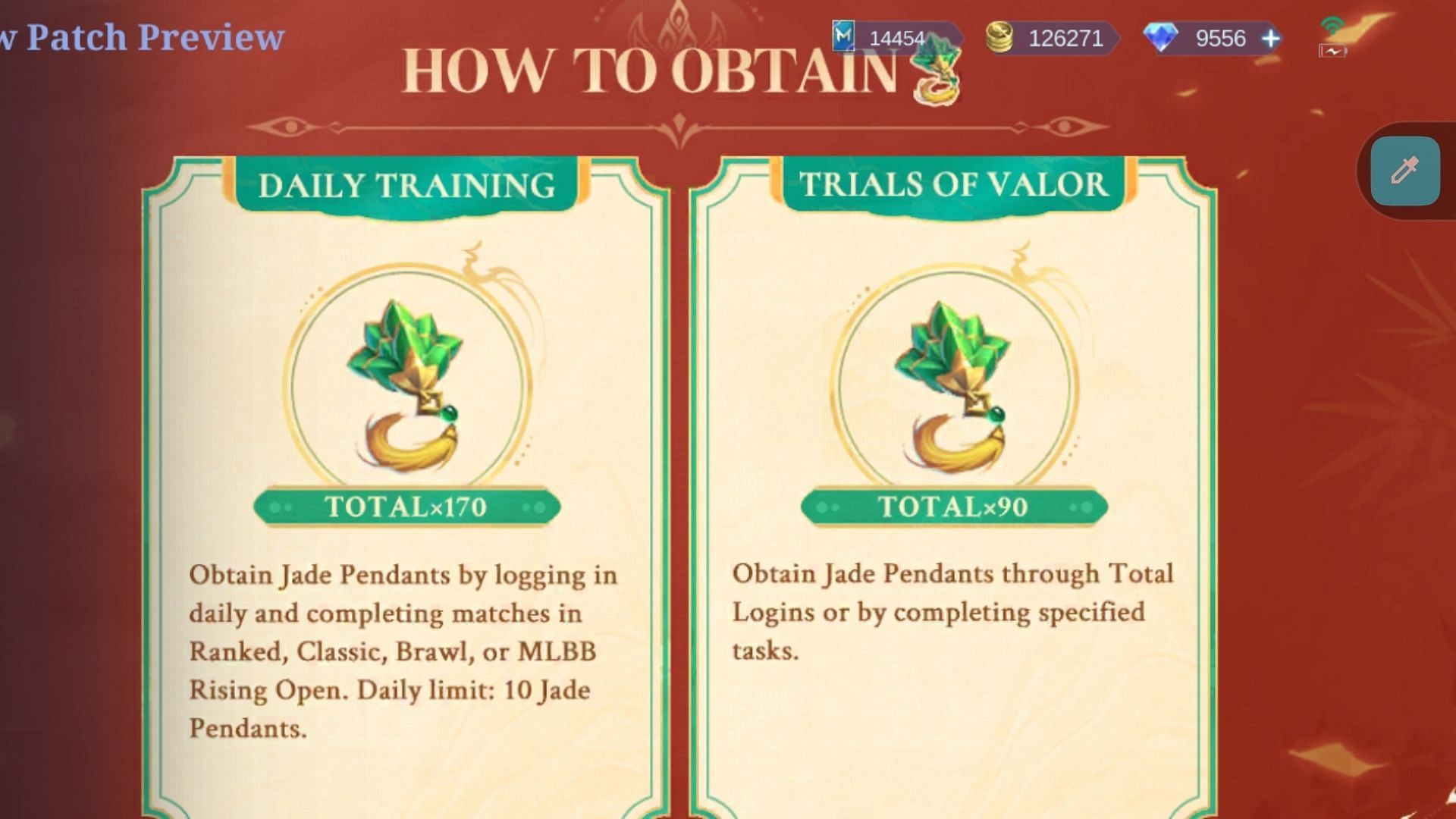 You can earn Jade Pendants by completing certain tasks after the event's launch (Image via Moonton Games)